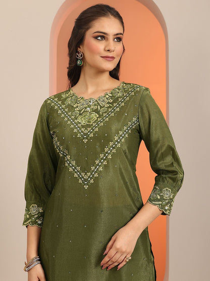 Dhiyona LL Floral Embroidered Round Neck Sequinned Straight Kurta With Palazzos And Dupatta