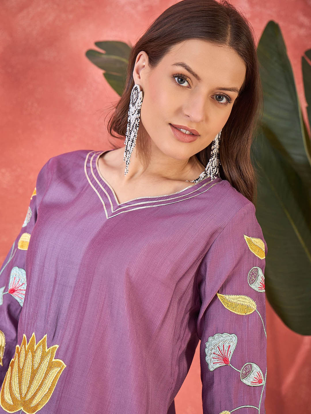 Floral Embroidered A-Line Kurta With Trousers & Bag