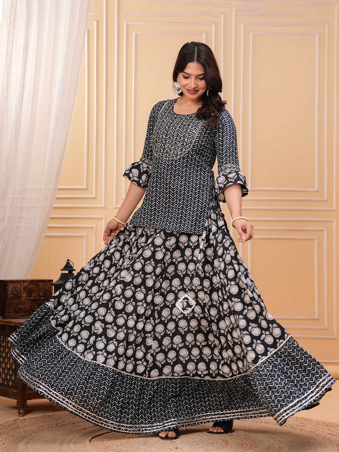 Dhiyona KL Women Ethnic Motifs Printed Cotton A-Line Kurti with Skirt & Dupatta