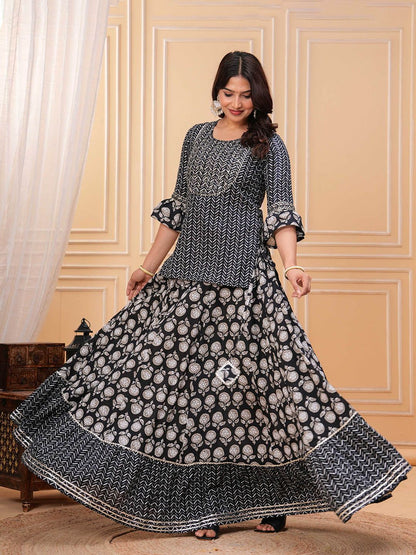 Dhiyona KL Women Ethnic Motifs Printed Cotton A-Line Kurti with Skirt & Dupatta