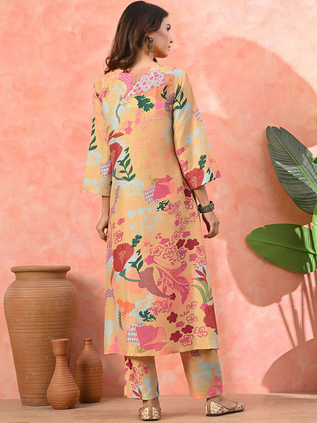 Floral Printed Pleated Sequinned Work V-Neck A-Line Kurta With Trousers