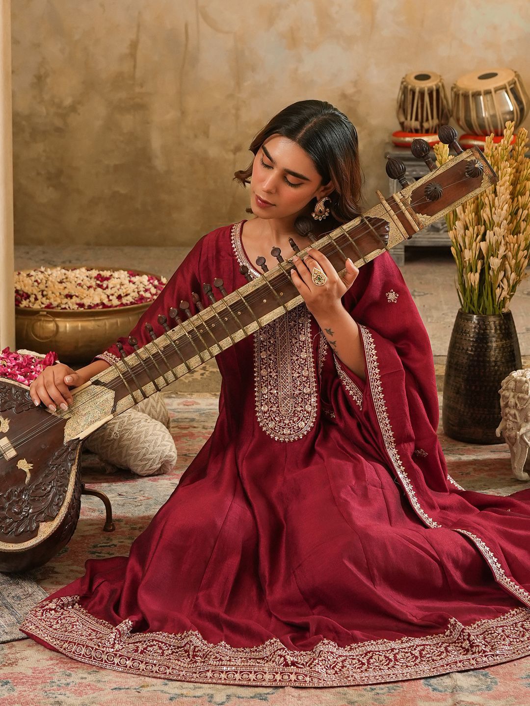 Dhiyona IE Floral Yoke Design Round Neck Zari Anarkali Kurta & Trousers With Dupatta