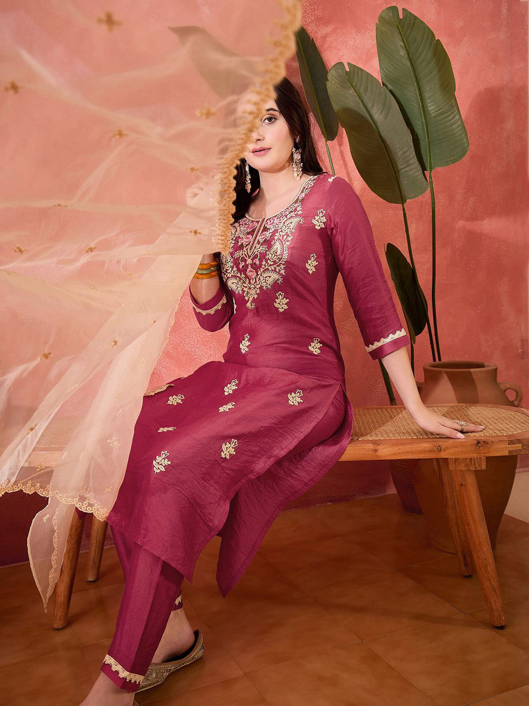 Women Embroidered Straight Kurta & Trousers With Dupatta