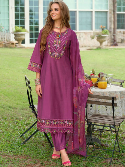 Floral Embroidered Thread Work Tieup Neck A-Line Kurta With Trousers & Dupatta
