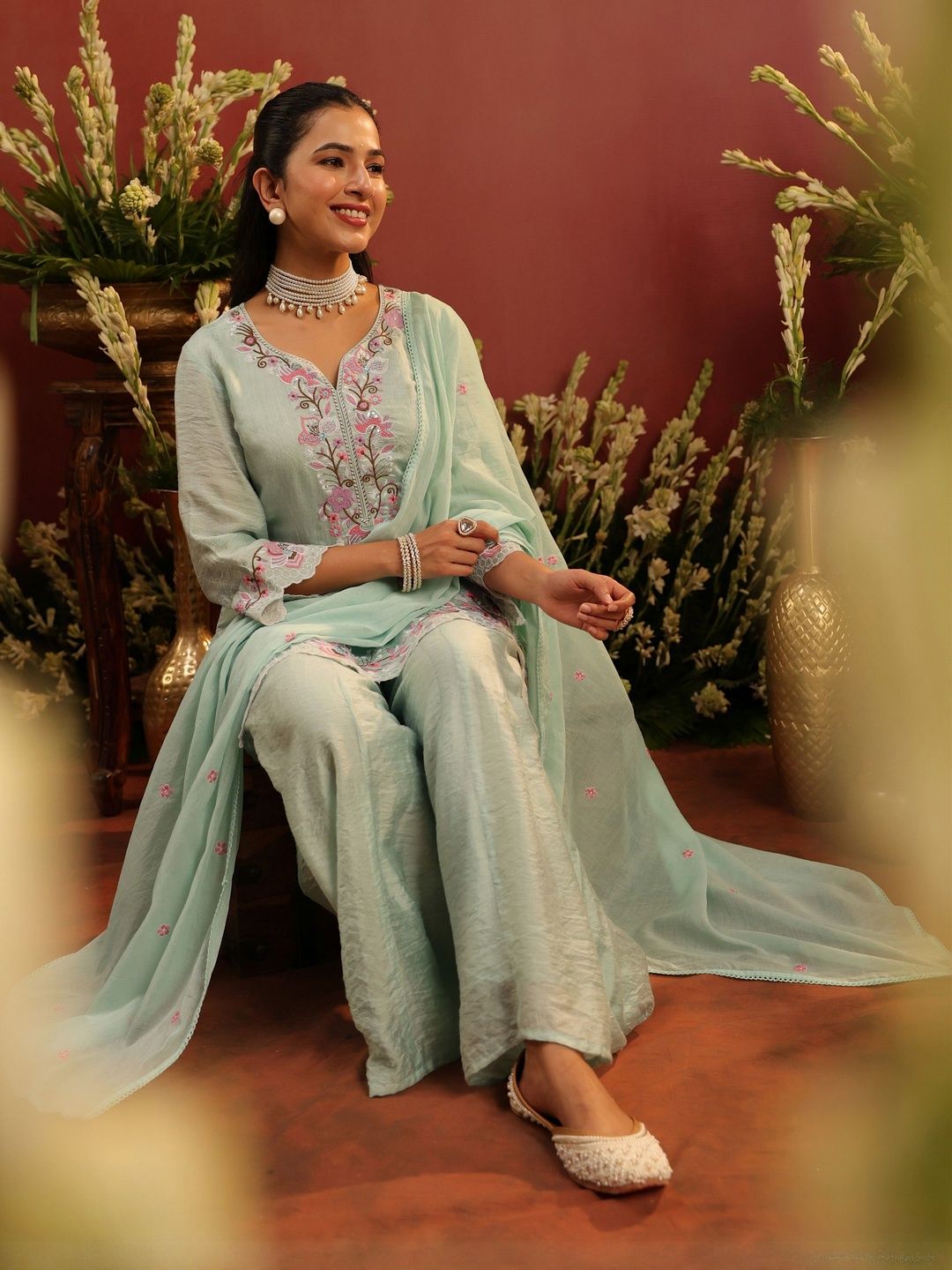 Dhiyona SC Women Embroidered Sea Green Mul Chanderi Embroidered Sharara Set