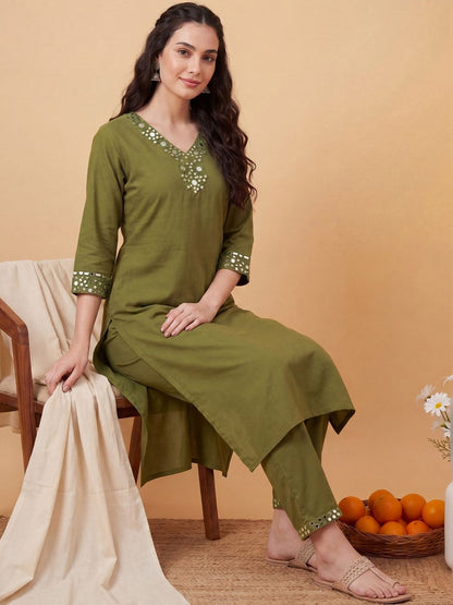 Women Regular Mirror Work Kurta with Trousers