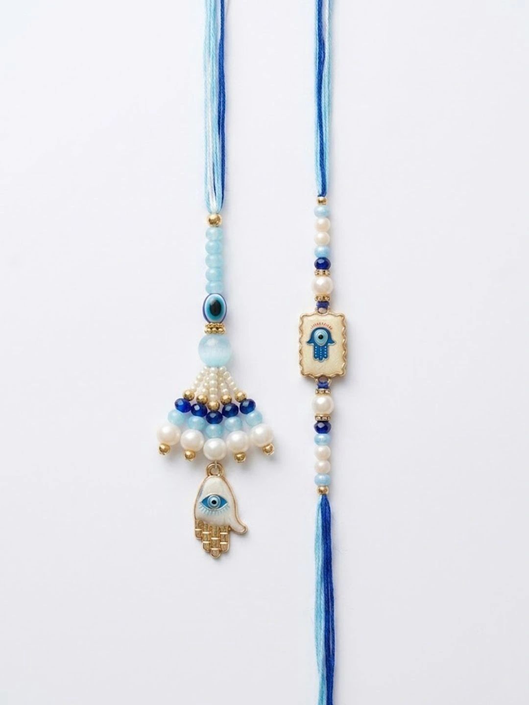 Dhiyona Set Of 2 Evil Eye Hand Design Bhaiya Bhabhi Rakhi With Roli Chawal Chandan Mishri