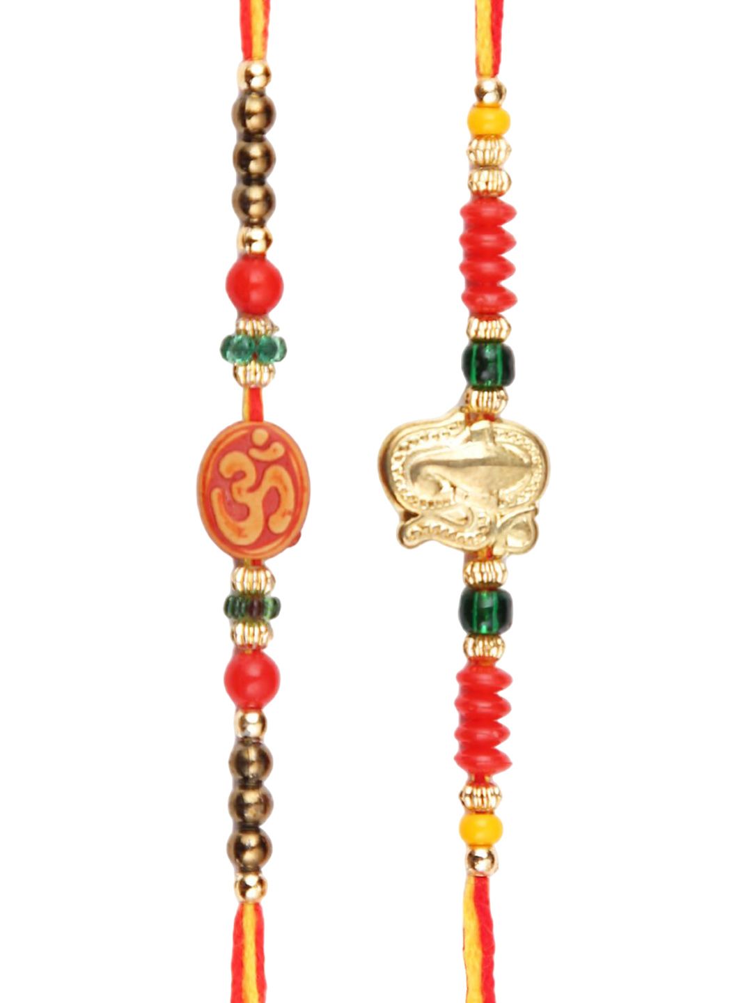 Dhiyona Set Of 2 Red Om & Lord Ganesh Beaded Rakhi With Roli Rice & Greeting Card