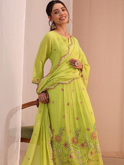 Women Floral Embroidered Pleated Thread Work Chanderi Cotton Kurta with Palazzos & With Dupatta