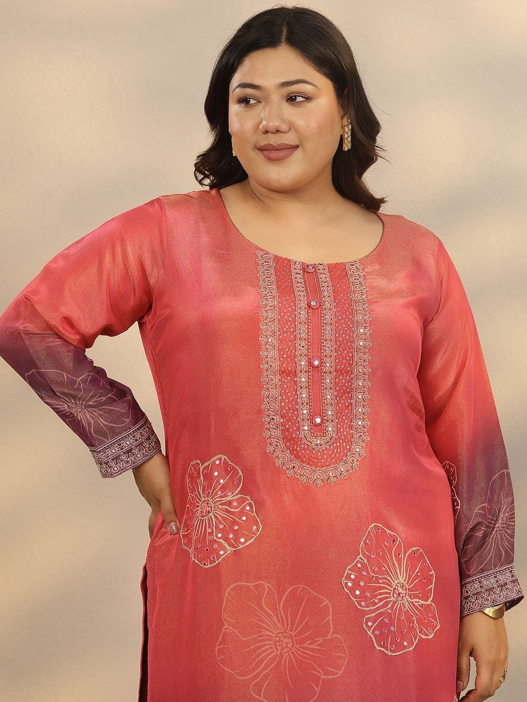 Dhiyona Women's Plus Size Floral Printed Kurta with Trousers & Dupatta
