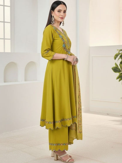 Dhiyona KL Women Ethnic Motifs Embroidered Panelled Thread Work Pure Silk Kurta with Sharara & With Dupatta
