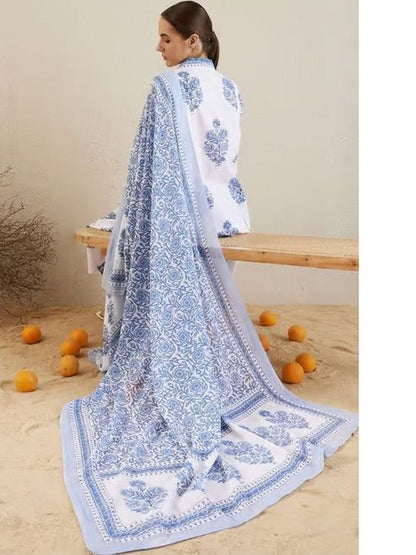 Printed Pure Cotton V-Neck Kurta Trousers & Dupatta