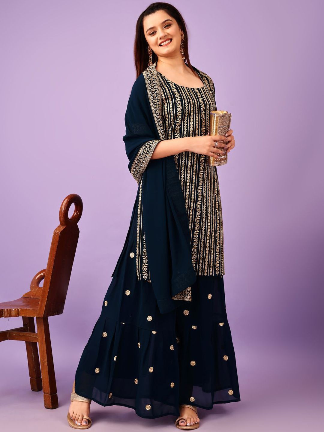 Dhiyona KL Floral Embroidered Georgette Straight Kurta with Sharara & Dupatta