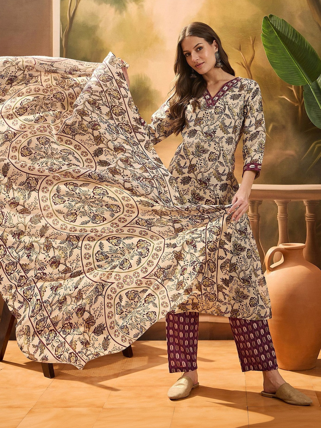 Printed V-Neck Kurta & Trousers Kurta Sets