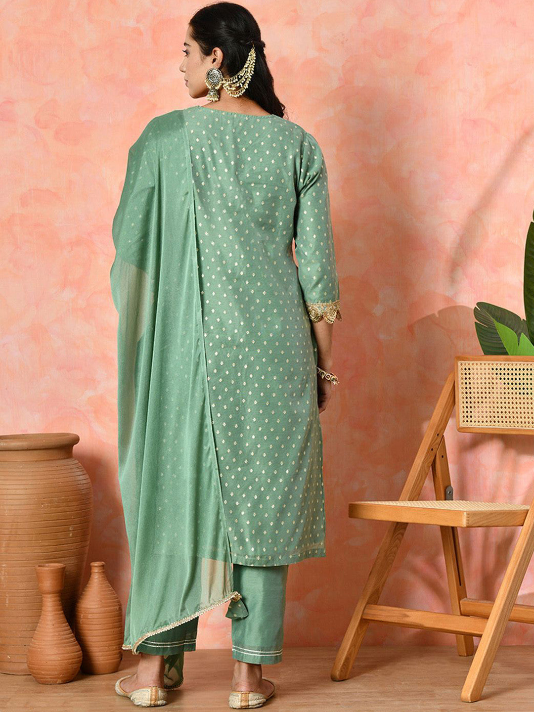 Women Geometric Woven Design Kurta with Trousers & Dupatta