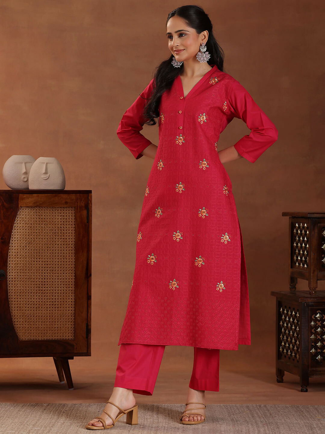 Women's LB Pink Embroidered Cotton Straight Suit With Dupatta