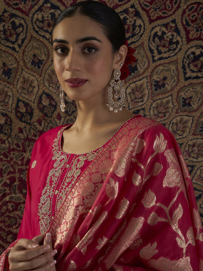 Ethnic Motifs Embroidered Straight Kurta With Trousers & Dupatta