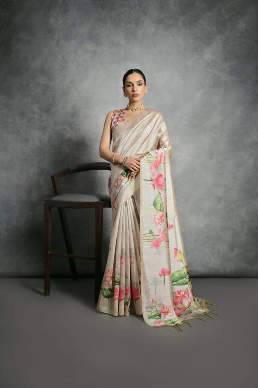 Women Yogita Lotus Cream Saree With Unstiched Blouse