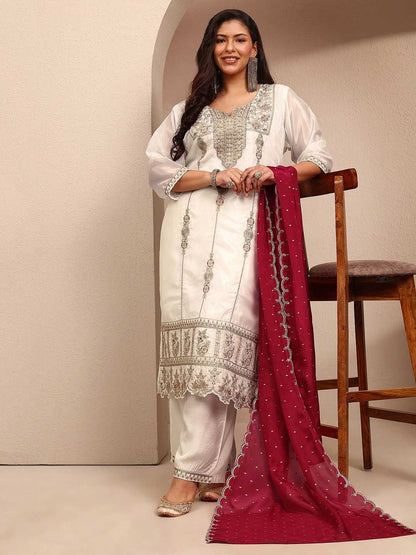 Dhiyona Women's Ethnic Motifs Embroidered Regular Thread Work Kurta with Palazzos & With Dupatta