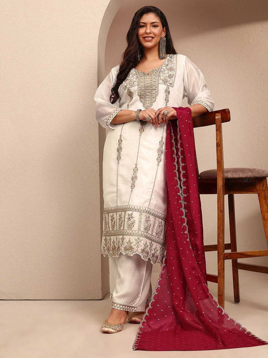 Dhiyona Women's Ethnic Motifs Embroidered Regular Thread Work Kurta with Palazzos & With Dupatta