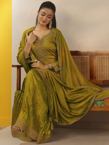 Dhiyona LL Women Ethnic Motifs Embroidered Regular Thread Work Kurta with Sharara & With Dupatta
