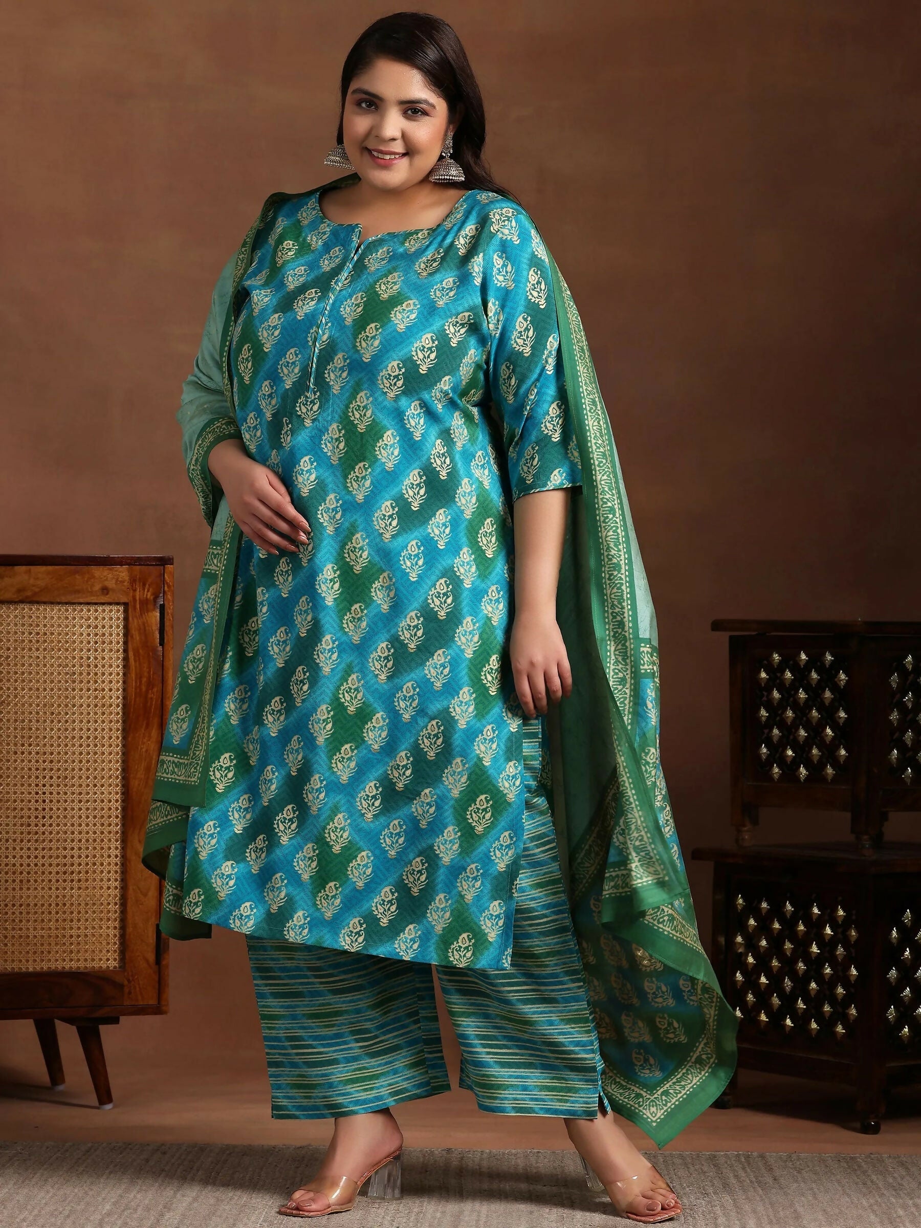 Women's LB Plus Size Blue Printed Silk Blend Straight Suit With Dupatta