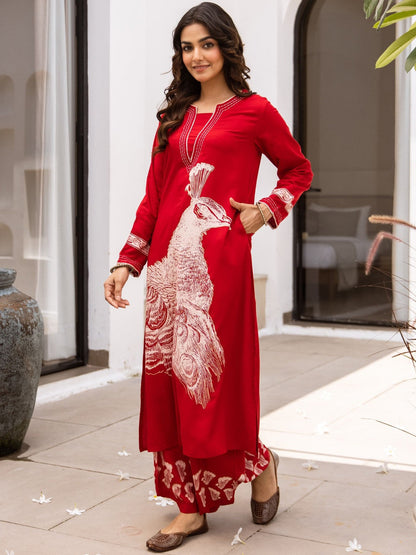 Birds Printed Notch Neck Thread Work Kurta With Palazzos