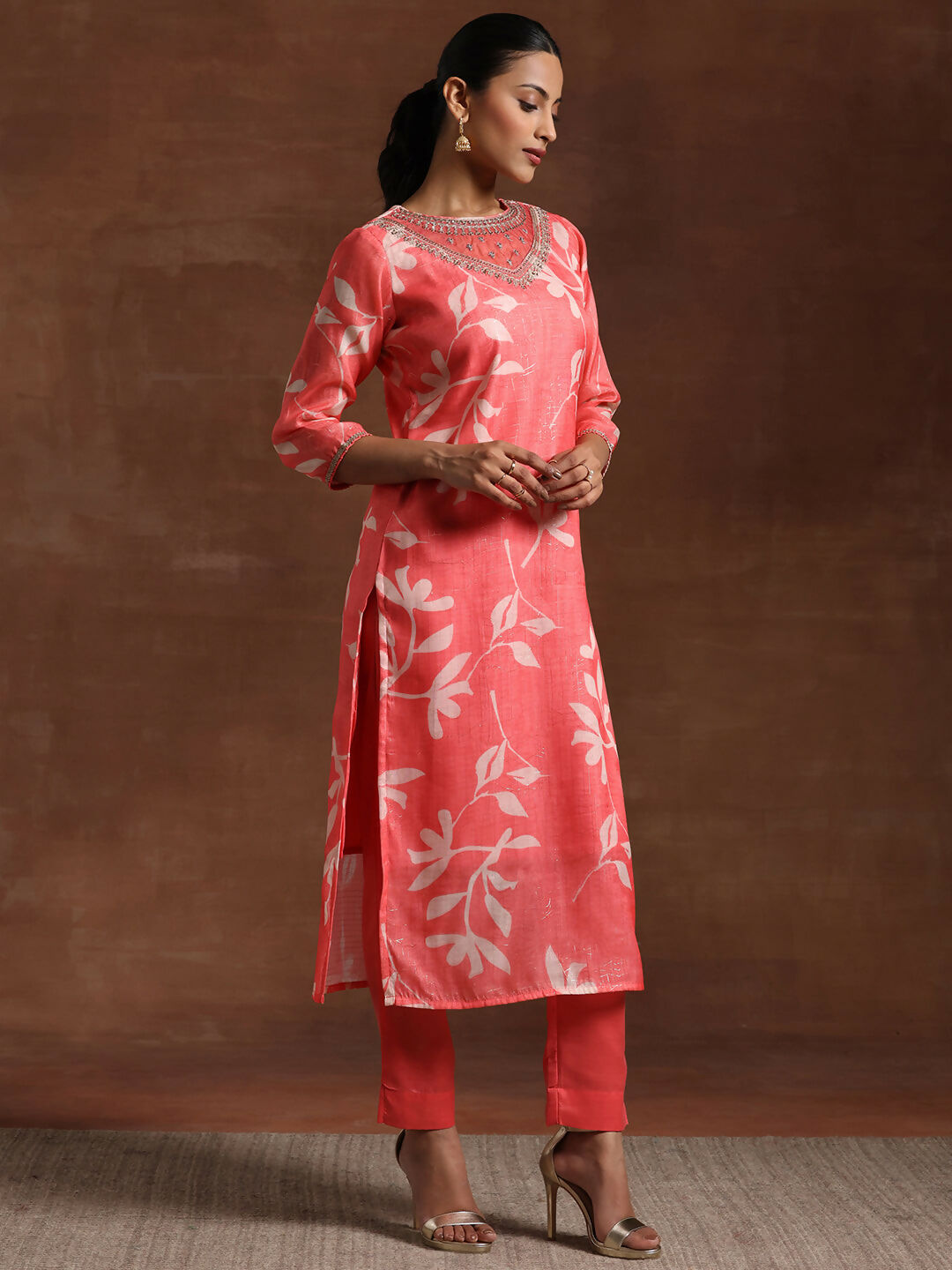 Women's LB Coral Printed Organza Straight Suit With Dupatta