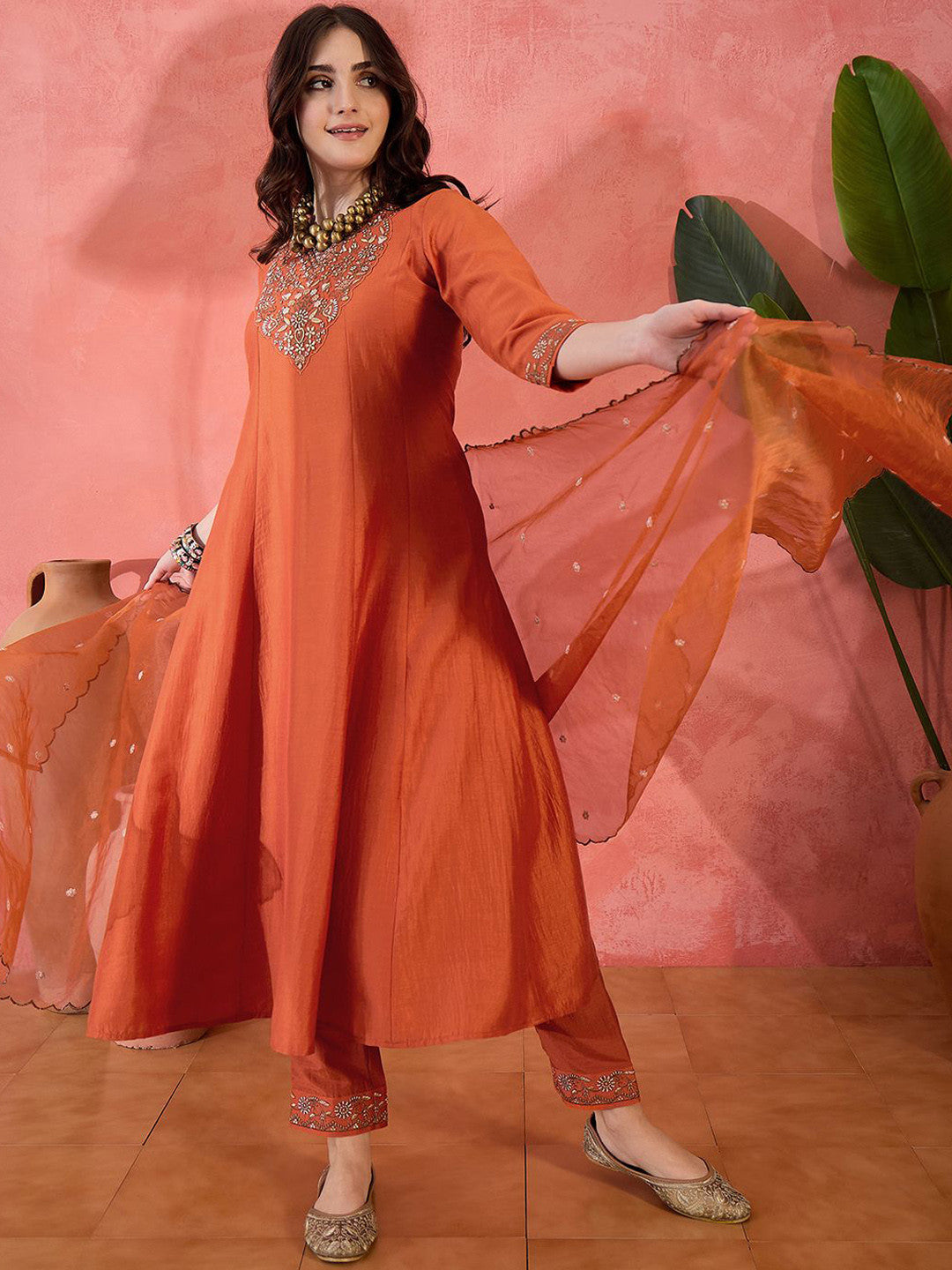 Zari Sequence Embroidered A-Line Kurta & Trousers With Dupatta
