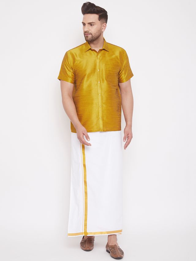 Men's Mustard Silk Blend Straight Ethnic Shirt