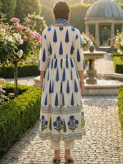 Women Ethnic Motifs Printed Angrakha Pure Cotton Kurta with Trousers & With Dupatta