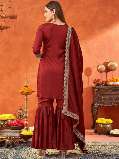 Dhiyona KL Women Ethnic Motifs Embroidered Regular Thread Work Kurta with Sharara & With Dupatta