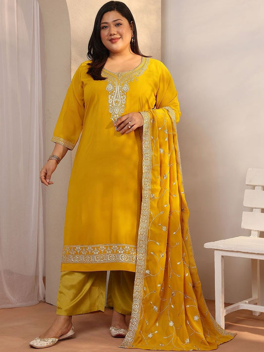 Dhiyona Women's Plus Size Ethnic Motifs Embroidered Kurta with Salwar & Dupatta