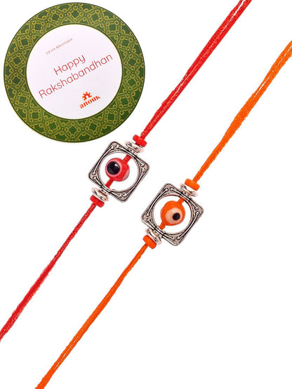 Dhiyona Silver Toned Set Of 2 Beaded Thread Rakhis With Roli Chawal & Greeting Card