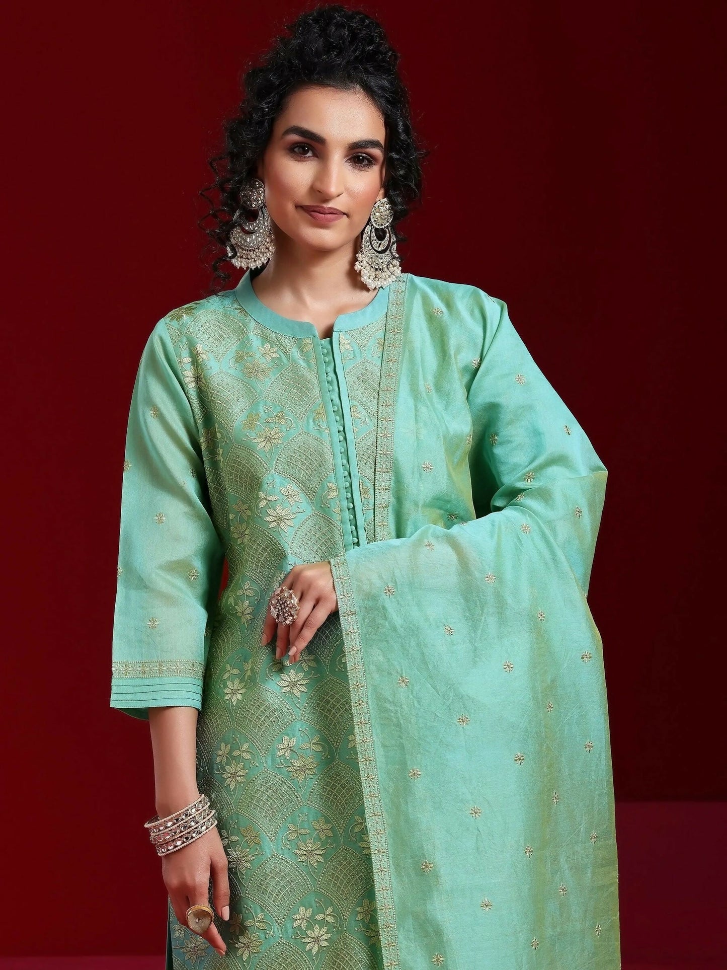 Women's LB Art Green Embroidered Chanderi Silk Straight Suit With Dupatta