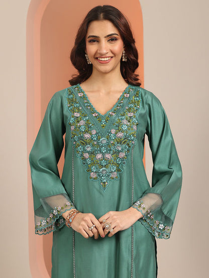 Women Woven Design Embroidered Kurta with Trousers & Dupatta