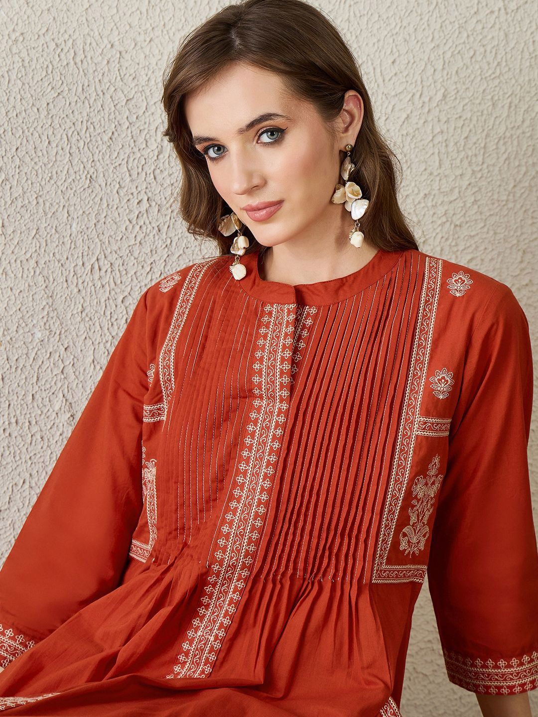Dhiyona IE Floral Embroidered Pure Cotton Top With Trousers Co-Ords