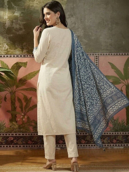 Embroidered Pure Cotton V-Neck Kurta & Trousers With Dupatta