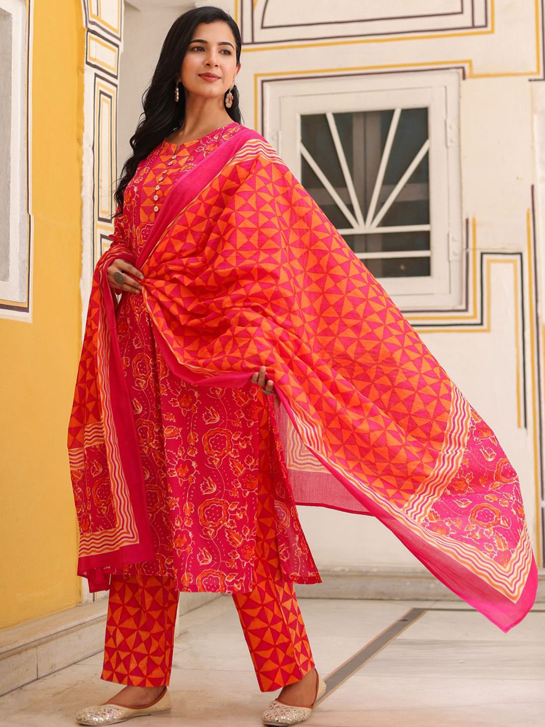 Dhiyona RR Women's Floral Printed Cotton A-Line Kurta with Trousers & Dupatta