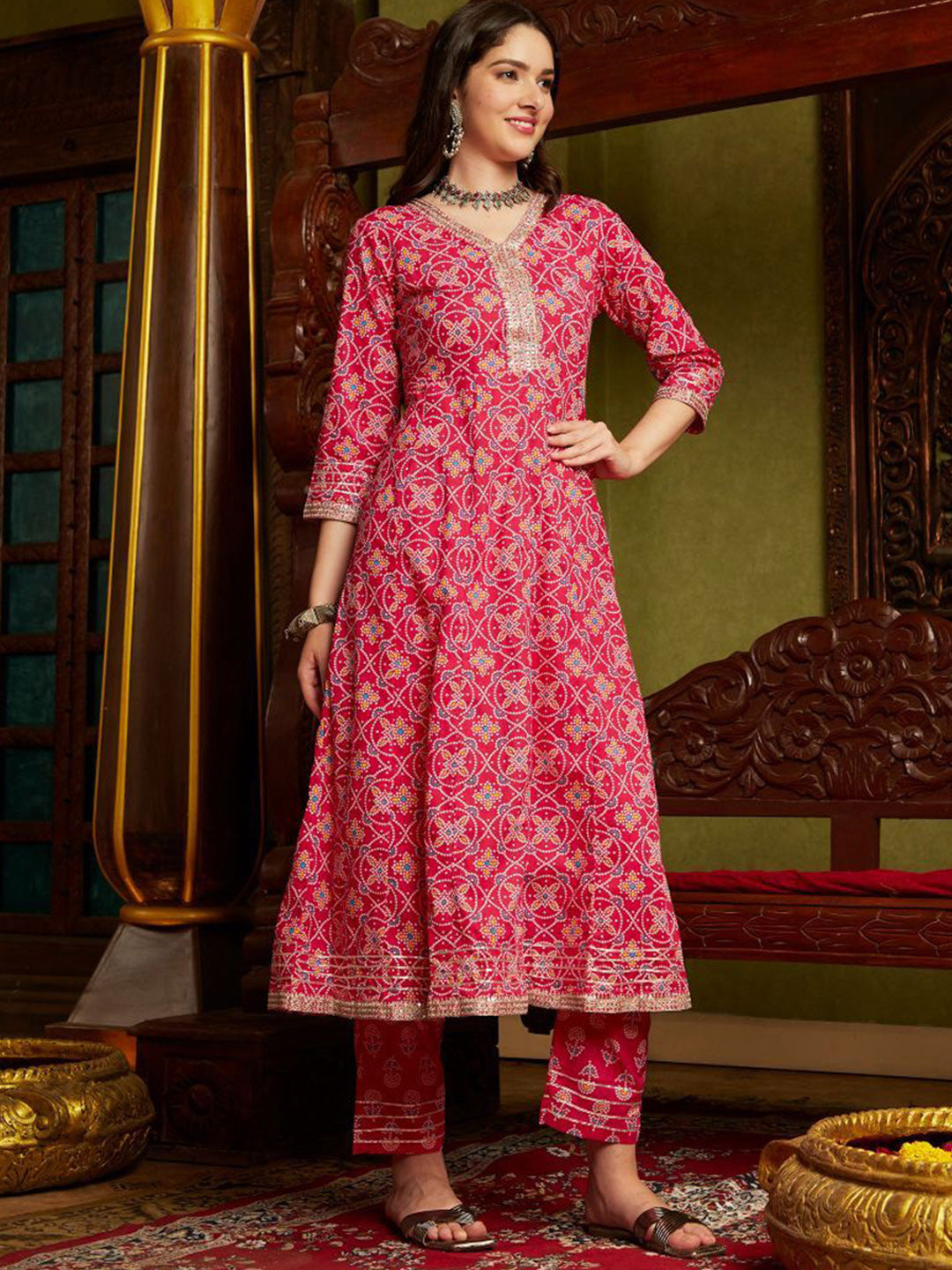 Dhiyona SN Bandhani Printed Panelled Sequinned Pure Cotton Kurta with Trousers & Dupatta