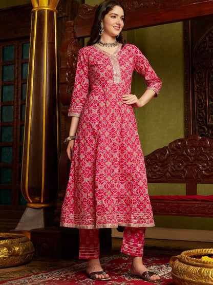 Bandhani Printed Panelled Sequinned Pure Cotton Kurta with Trousers & Dupatta