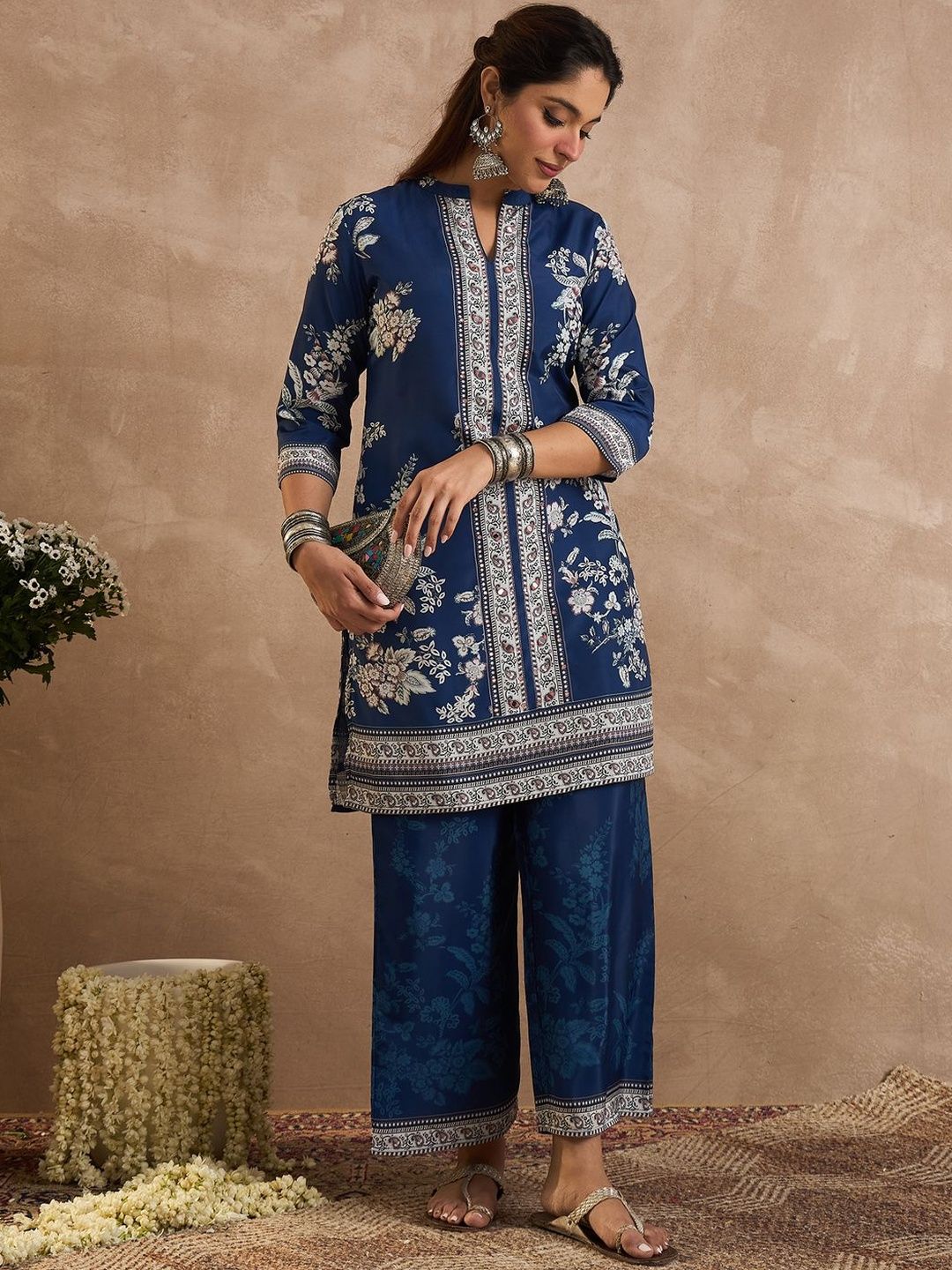 Floral Printed Mandarin Collar Mirror Work Straight Kurta With Palazzos