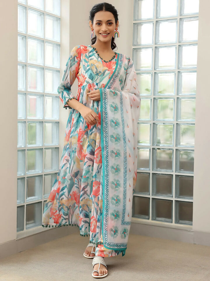 Women's LB Off white Printed Poly Chiffon A-Line Kurta With Palazzos & Dupatta