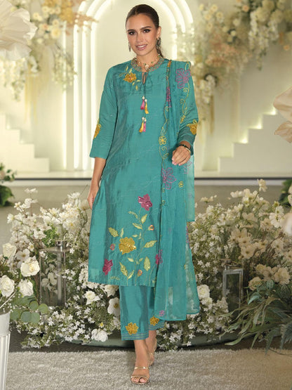 Women Floral Embroidered Regular Thread Work Kurta with Trousers & With Dupatta