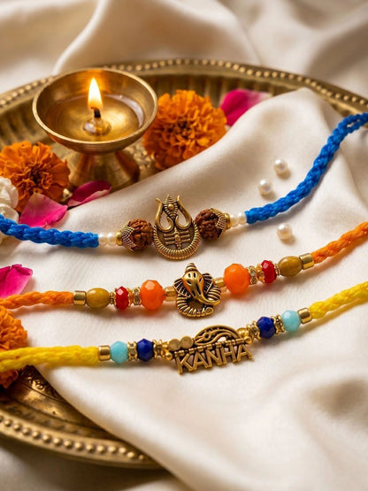 Dhiyona Set Of 3 Rudraksh Religious Rakhi Thread Rakhi Roli Chawal Chandan Mishri