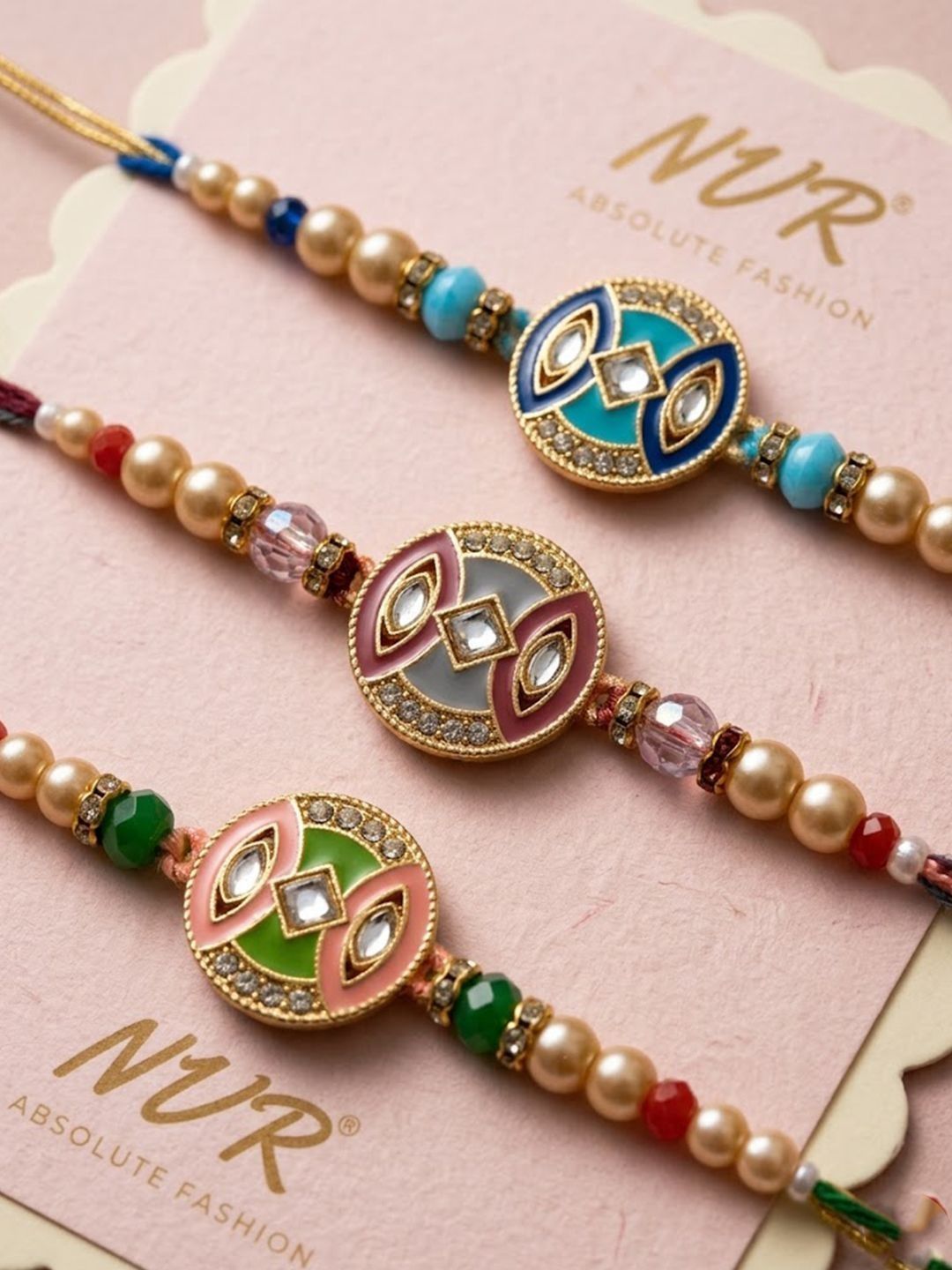 Dhiyona Set Of 3 Multicolor Artificial Stones & Beads Thread Rakhi With Roli Chawal Chandan