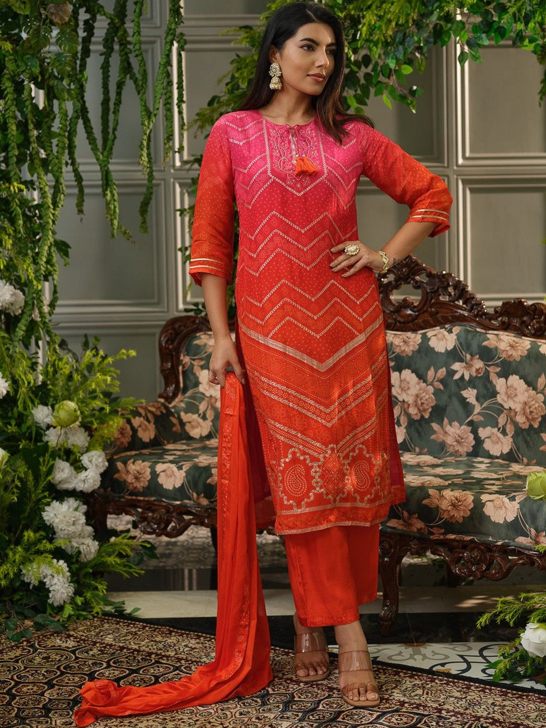 Bandhani Printed Tie-Up Neck Sequinned Straight Kurta With Trousers & Dupatta