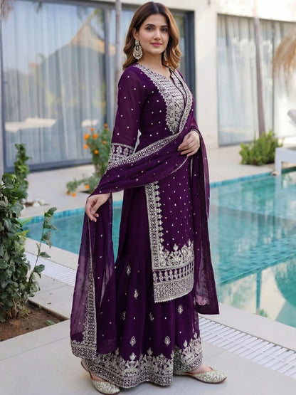 Dhiyona SN Embroidered Round Neck Straight Kurta & Sharara With Dupatta