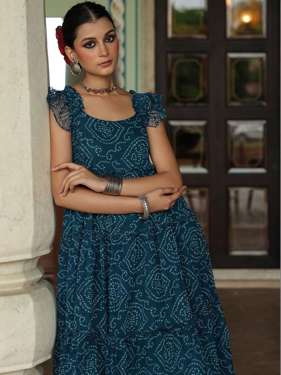 Dhiyona AY Women's Bandhani Printed Georgette Tier Dress