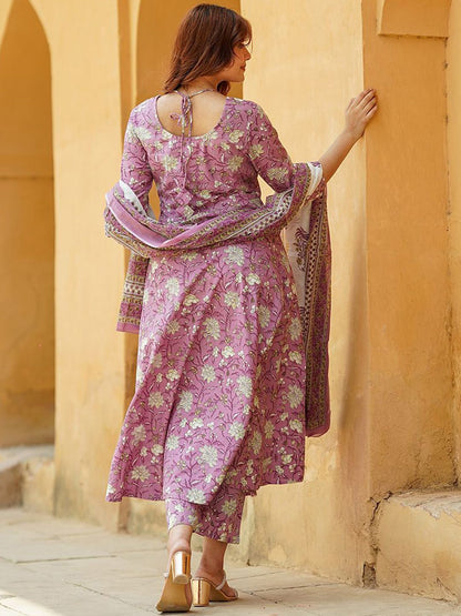 Dhiyona KL Floral Printed Pure Cotton Anarkali Kurta With Trousers & Dupatta